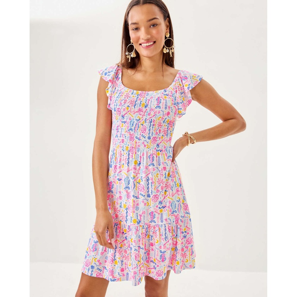 Lilly Pulitzer Jilly Smocked Dress Pink Blue Coastal Print Flutter Sleeve M